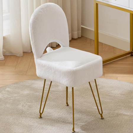 Faux Fur Vanity Stool With Storage And Foldable Backrest
